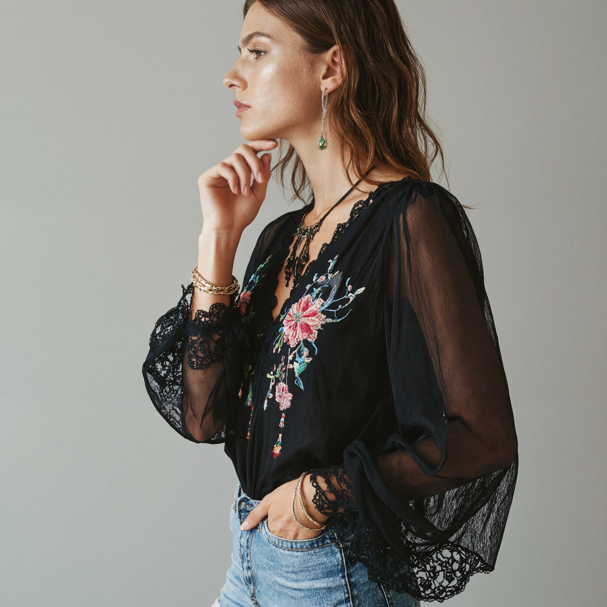 

Long Sleeves Boho Blouse Floral Embroidery Lace Splicing Sexy V Neck See-through Women Tops Spring Summer Bohemian Clothes 2025