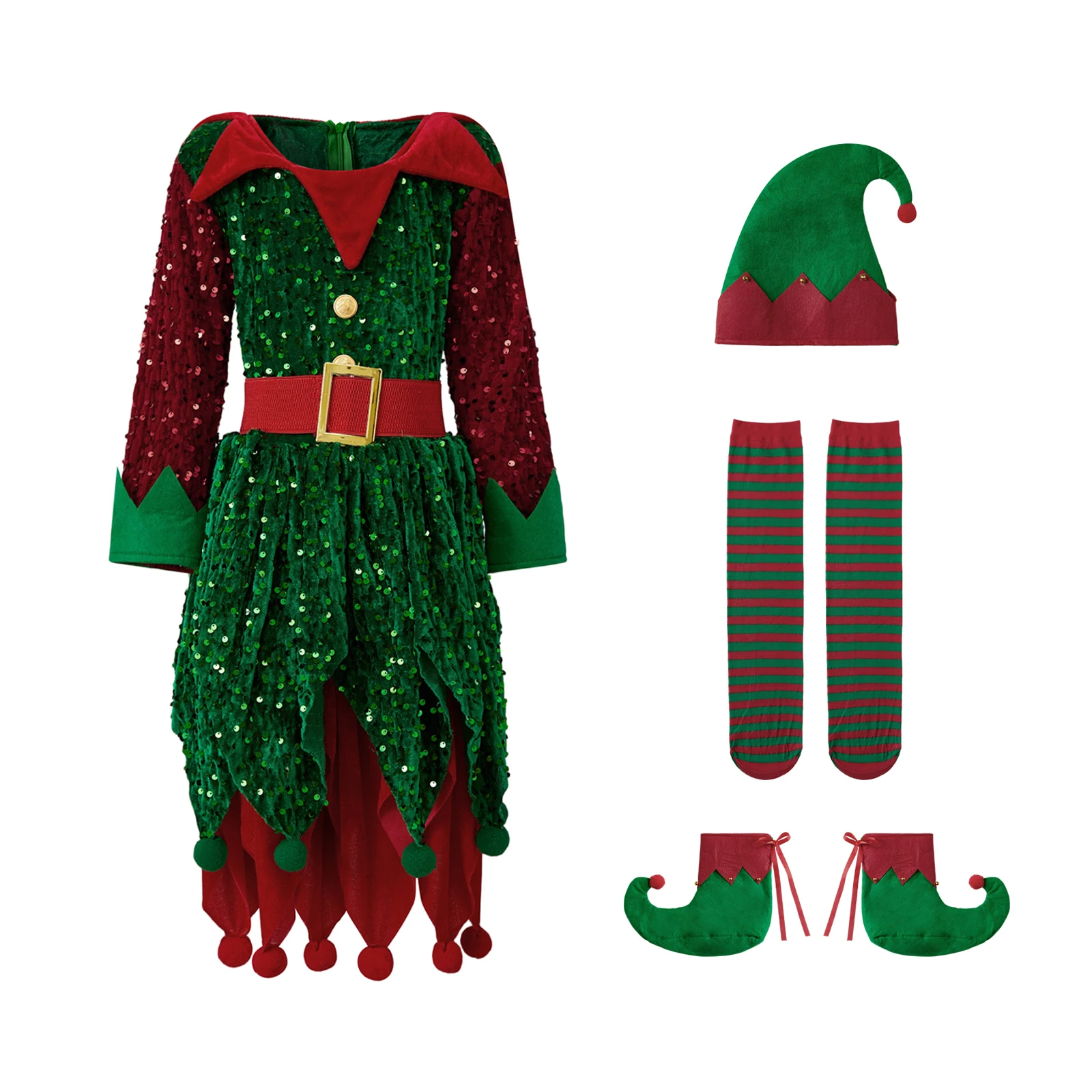 

Детские рождественские костюмы для косплея, костюм эльфа для девочек и мальчиков, модельные туфли эльфа с блестками, чулки и шапки, комплекты из 4 предметов