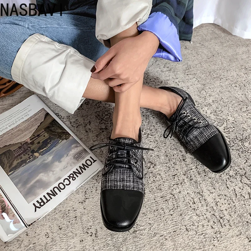 NASBAVI Patchwork Women Derbies Black Brown Microfiber Fabric Thick Heel Brogues Office Ladies Vintage Lace Up Square Toe Flats