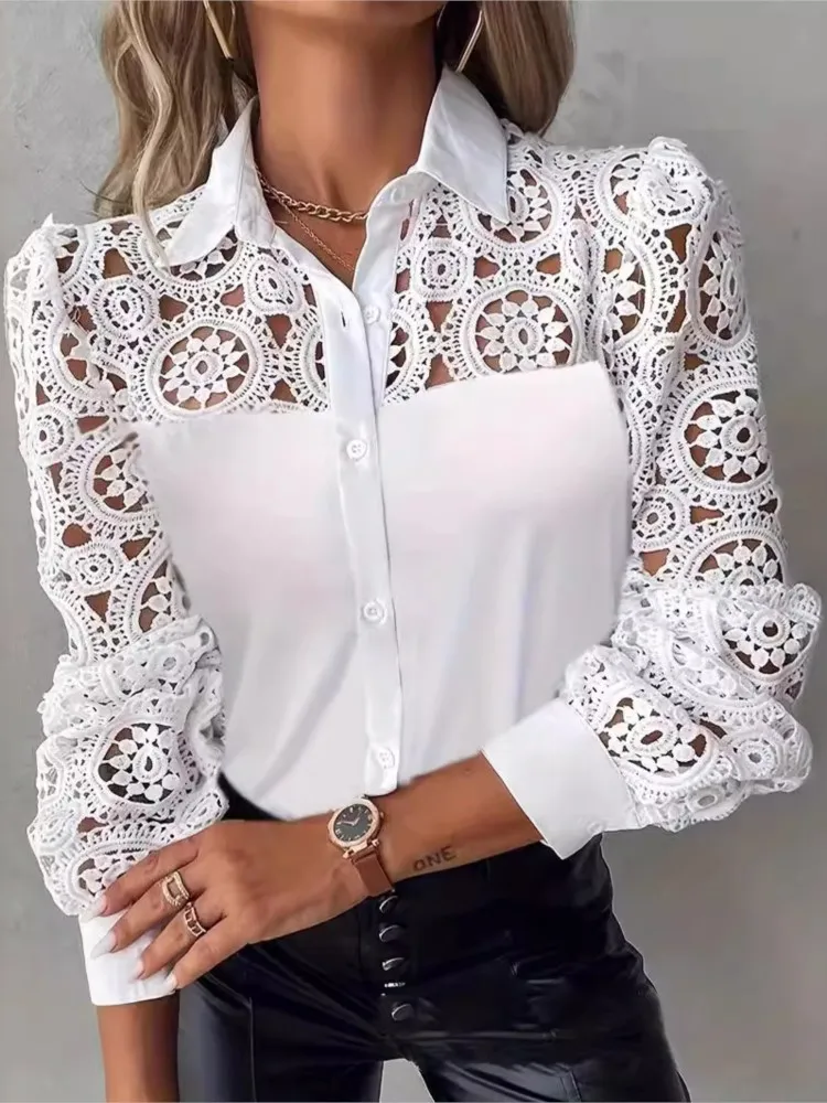 Lace Elegant Women\'s Blouse Sexy Hollow Lapel Button Up Long Sleeve Office Ladies Shirt 2024 Sping Autumn Fashion White Top