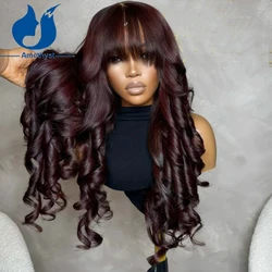 Amethyst Dark Burgundy Red Body Wave Bang Wig Human Hair for Women Brazilian Scalp Top Full Machine Made Wig Remy Hair 99J Color