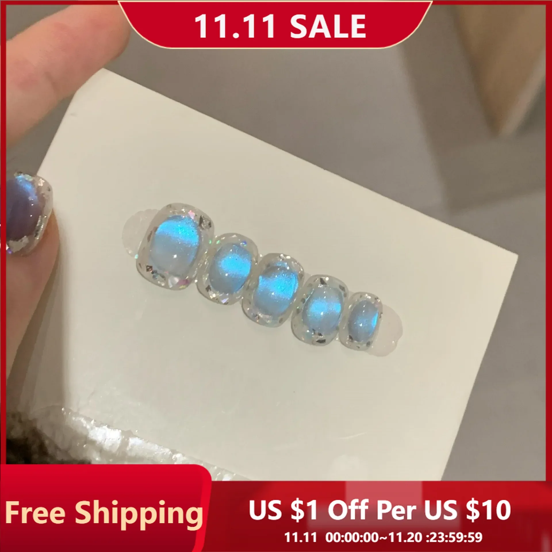 

10pcs Blue Translucent Cat's Eye Short Pure Handmade Wear Nails Summer Beans Nail Art Patches Fake Nails for Wedding Party Wear