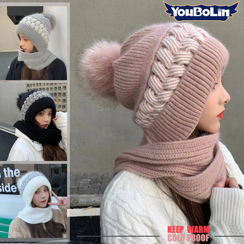 Womens Winter Warm Hat Neck Warmer Integrated Knitted Hats Thick Ear-Protecting Scarf Beanie Hats