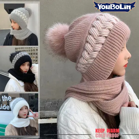 Chapeau chaud d'hiver pour femmes, chauffe-cou, tricoté intégré, écharpe épaisse de protection des oreilles, bonnet