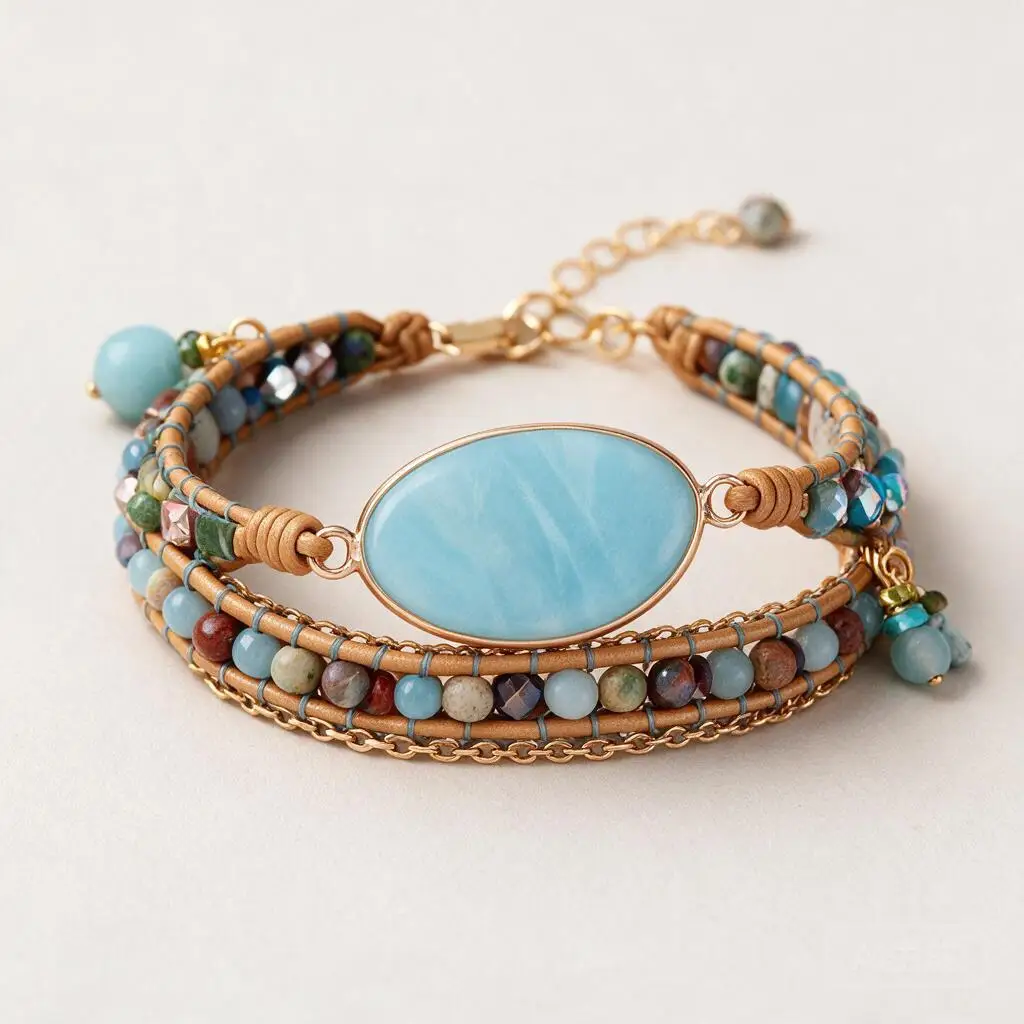 Custom Natural Amazonite Handwoven Leather Multilayer Mixed Beads Boho Wrap Bracelet For Women Daily Party Holiday Jewelry Gift
