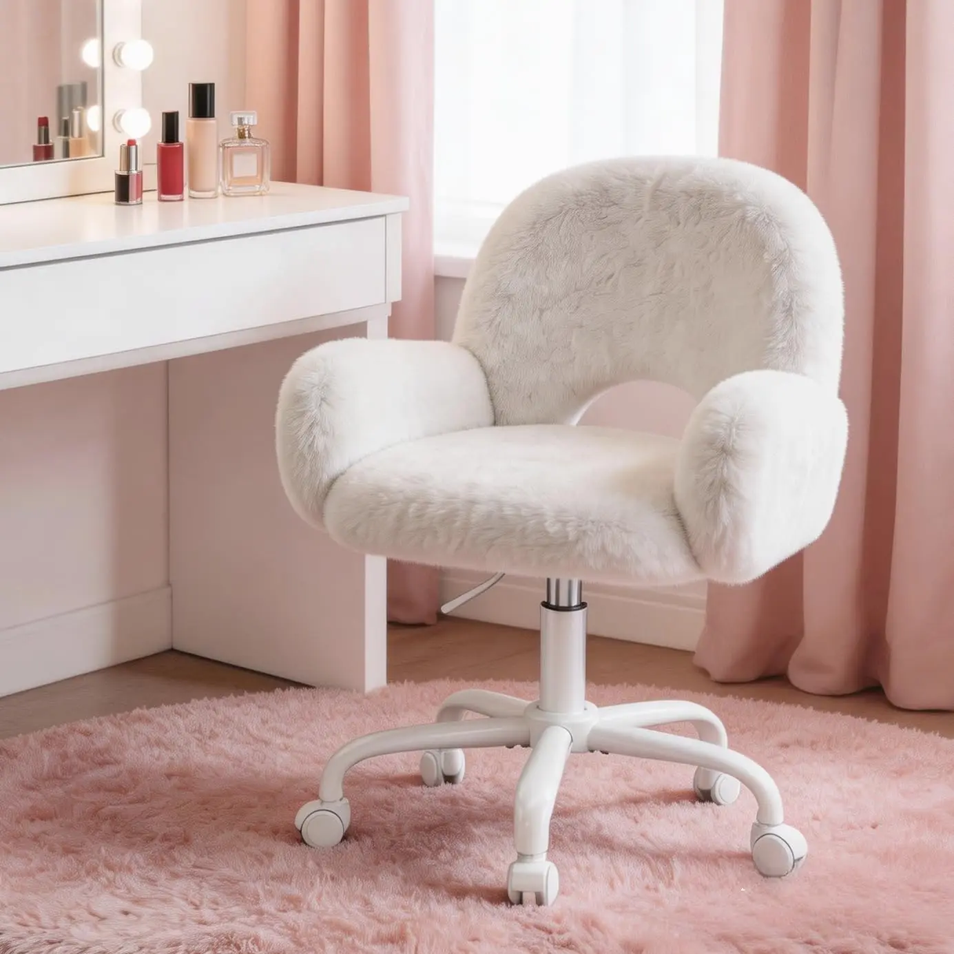 Vanity Chair with with Round Hollow Back & Arms Faux Rabbit Fur White, Customized