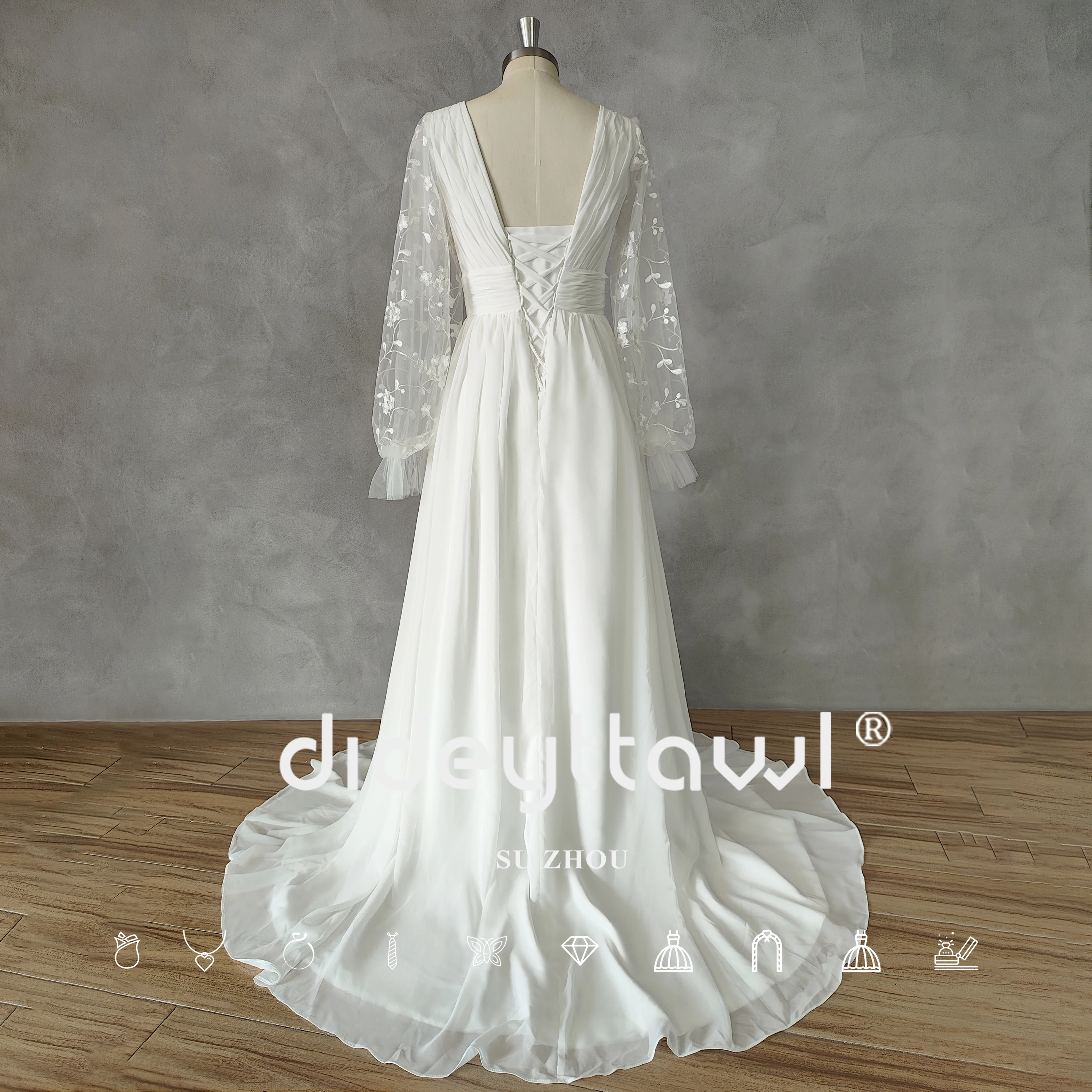 DIDEYTTAWL Real Picture Deep V-Neck A-Line Long Puff Sleeves Chiffon Wedding Dress Open Back Lace Court Train Bridal Gown