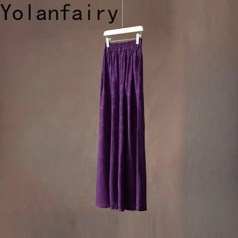 YOLANFAIRY Luxury 100% Mulberry Silk Pants Women Gambiered Silk Purple Jacquard Trousers High Waist Loose Wide Leg Pants Woman