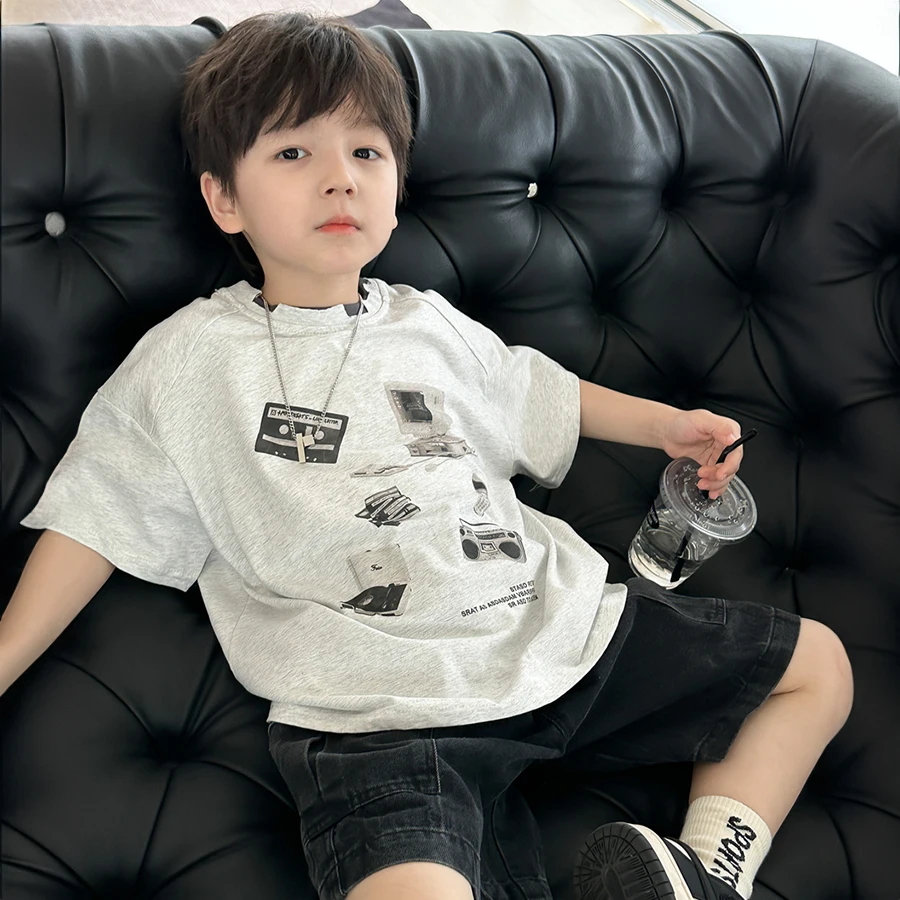 Boys' summer 2024 children's double-collar printed T-shirt children's summer casual short-sleeved darling comfortable t-shirt