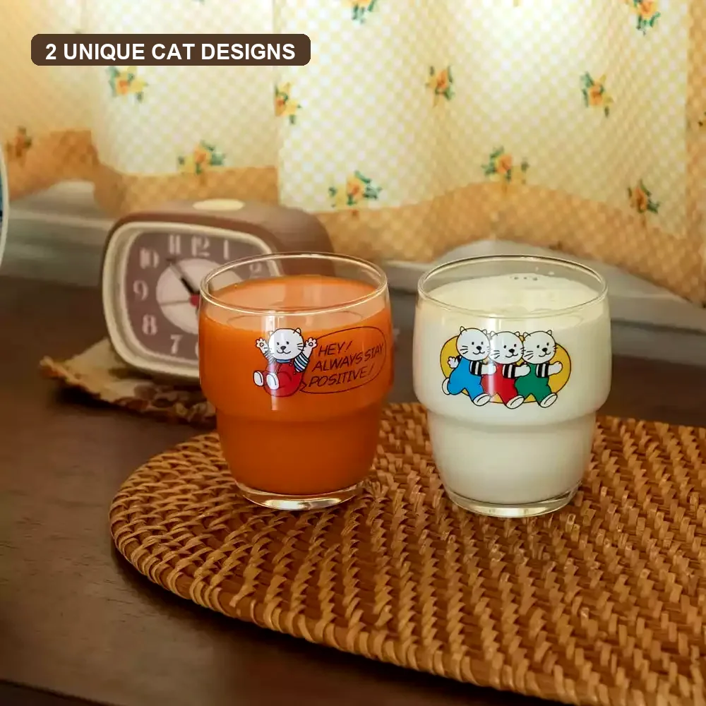 2PCS 286ml Cute Cat Print Glass Tumbler Set, 9cm Stackable Water Juice Milk Cup