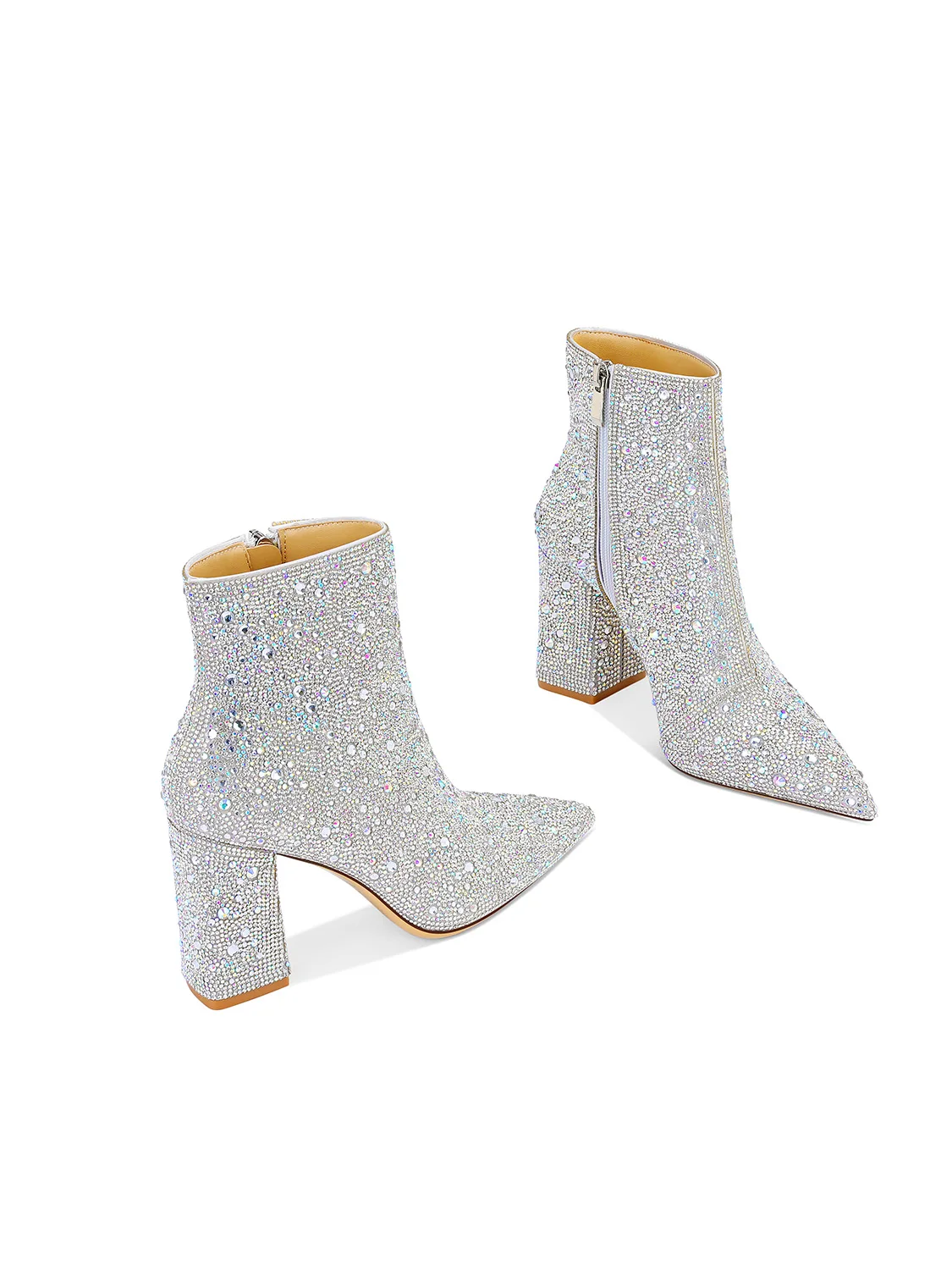Autumn and Winter New High-heeled Women's Boots, Rhinestones Popular Thick-heeled Pointed Short Boots Fashion Women's Shoes