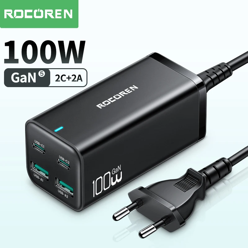 Rocoren GaN 100W Desktop Charger Quick Charge 4.0 QC 5.0 3.0 PD USB-C Type C USB Fast Charging For MacBook Samsung iPhone Laptop