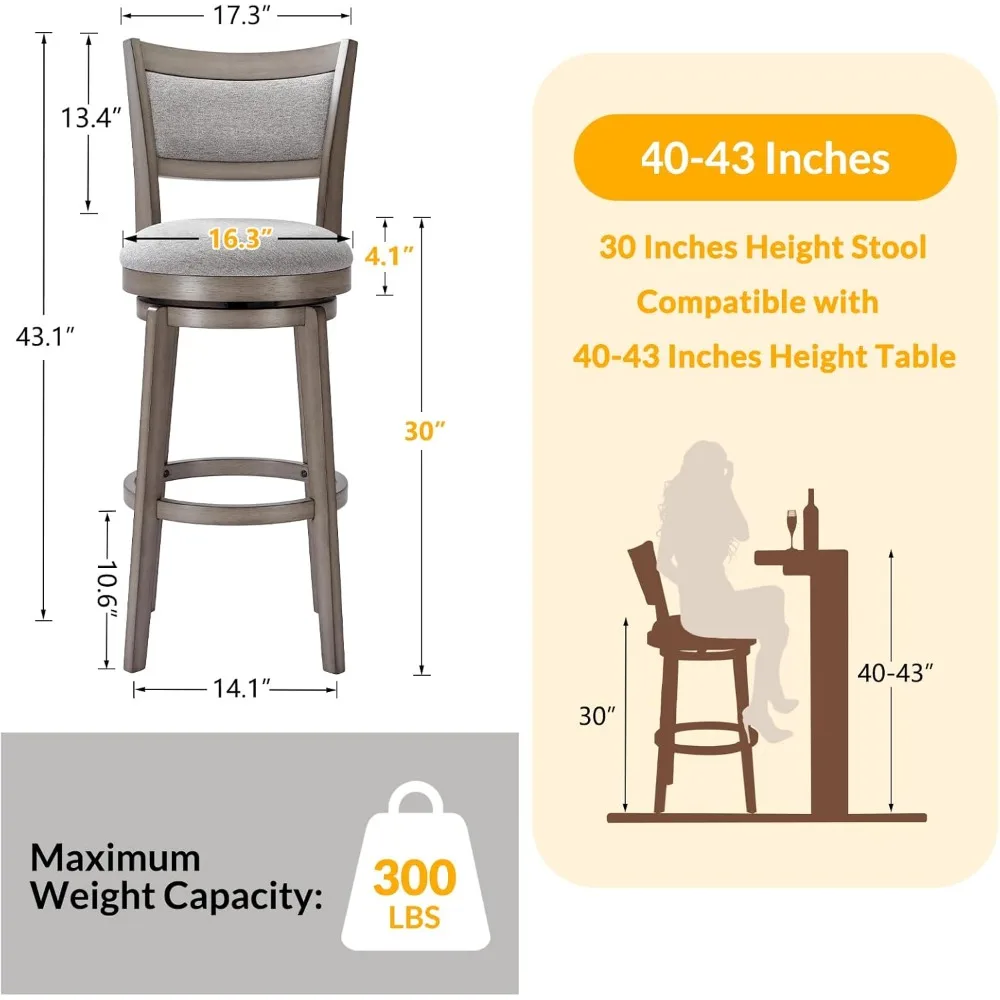 Swivel Bar Stools Set of 4, High Back Bar Stool with Solid Wood Legs & Wrap-Around Footrest, 30 Inch Bar Height Barstools