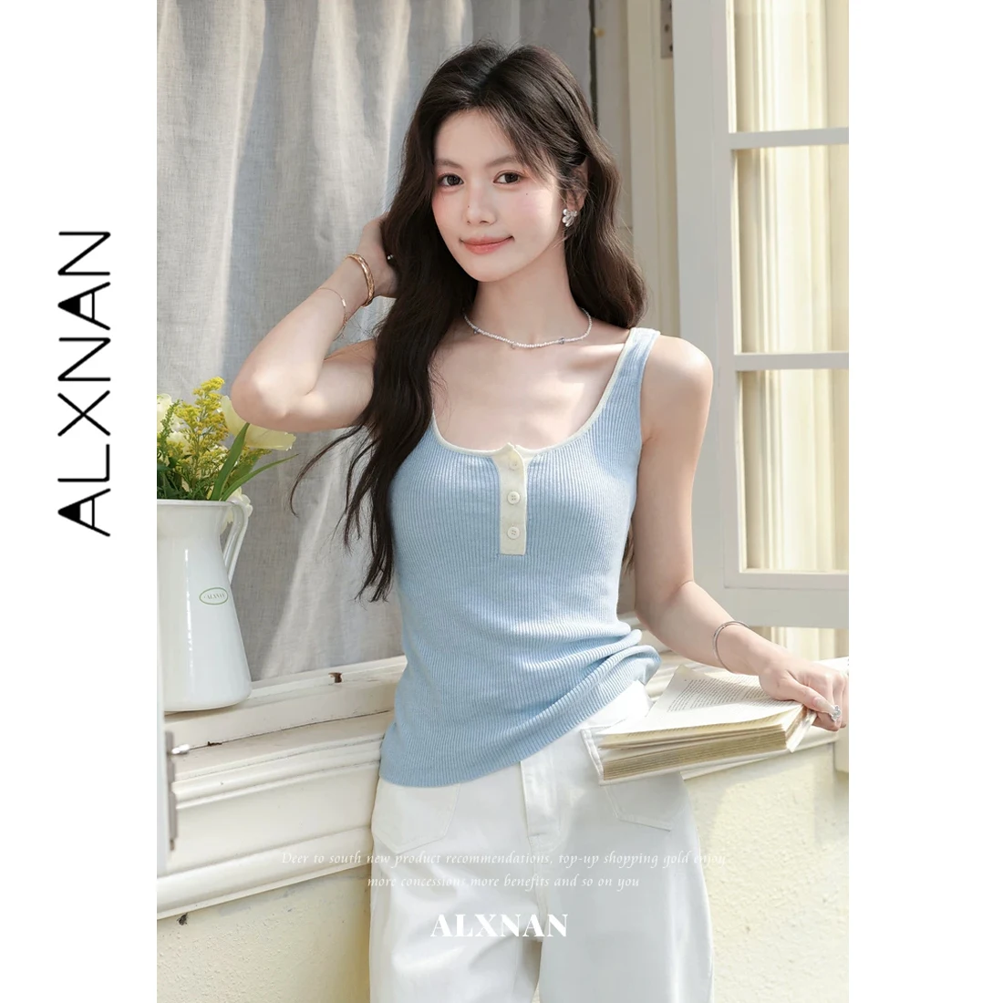 ALXNAN Blue Knitted Tank Tops Color-block Half Button Elegant U-neck Vest 2026 Summer New Basic Casual Sweet Female Tanks L62926