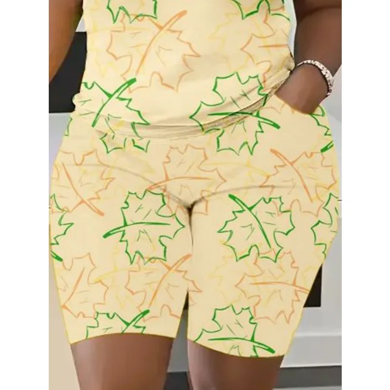 Plus Size Summer Fashion Maple Leaf Printed Thin Short Sleeve Shorts Set for Casual Commuting Loose Micro Elastic Women\'s Set