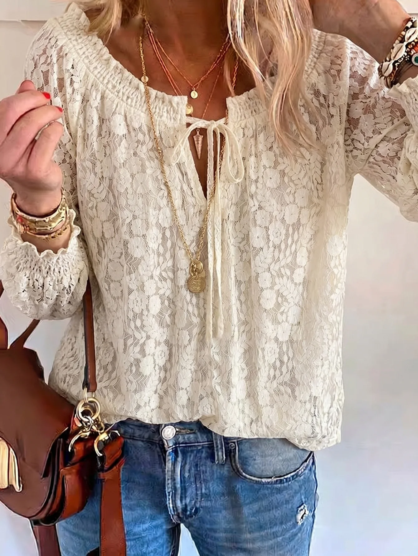 Women Lace Blouse V Neck Tie Front Long Puff Sleeve Boho Floral Hollow Out Shirt Casual Loose Elegant Bohemian Tops For Ladies D