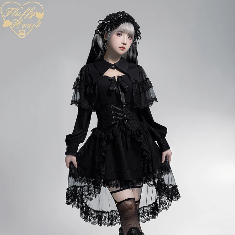 Japanese Harajuku Y2K Lolita Mini Dress Subculture Street Mesh Stitching Lapel Long Sleeve Slim Dress for Women Spring Summer