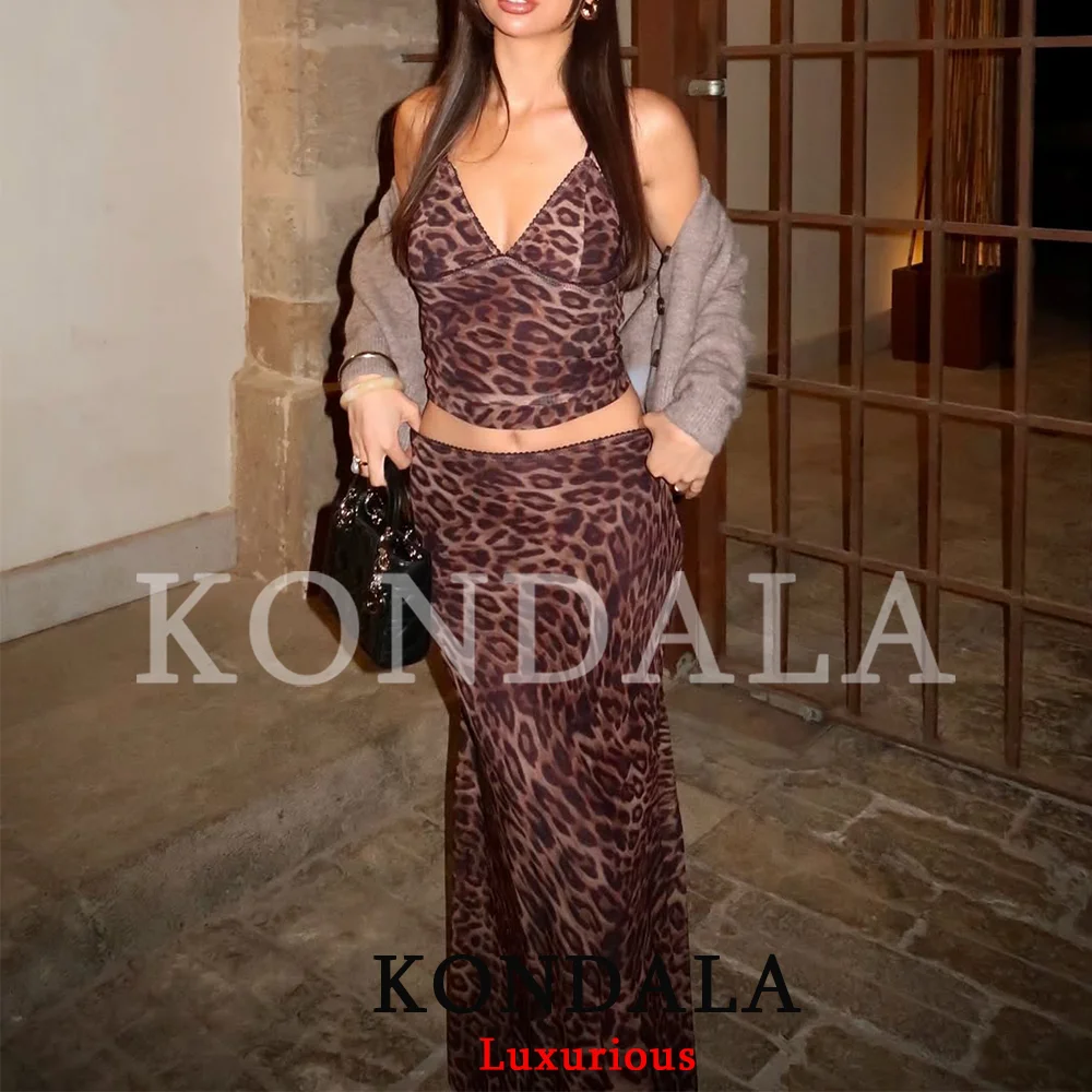 

KONDALA Sexy Party Chic Women Leopard Mesh Skirt Suit V Neck Cami Top Long Skirt Fashion 2026 Smeer Beach Holiday Y2K Girl Suits