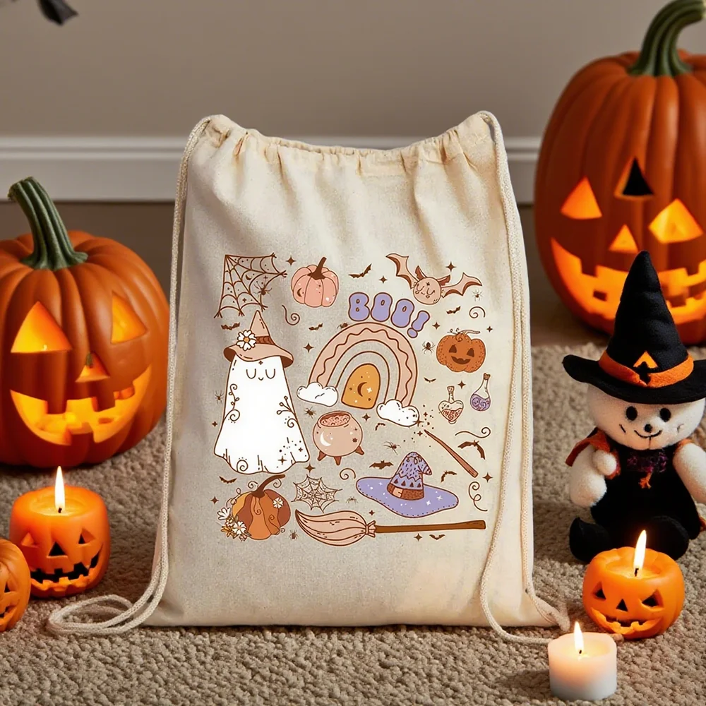 

Halloween Boo Drawstring Backpack Trick or Treat Bag Witch Cauldron Pumpkin Canvas Tote Spooky Candy Bag Holiday Teenager Gifts