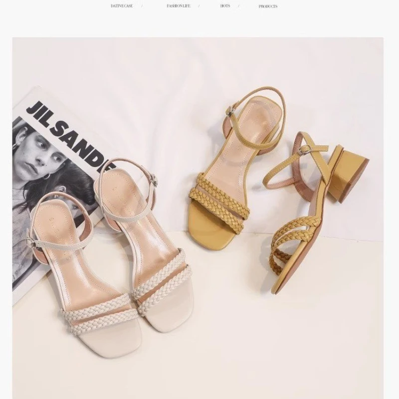 2024 Summer New Fashion Outwear Women\'s Sandals Square Toe Open Toe Sexy One Line Buckle Comfortable Single Shoe Women