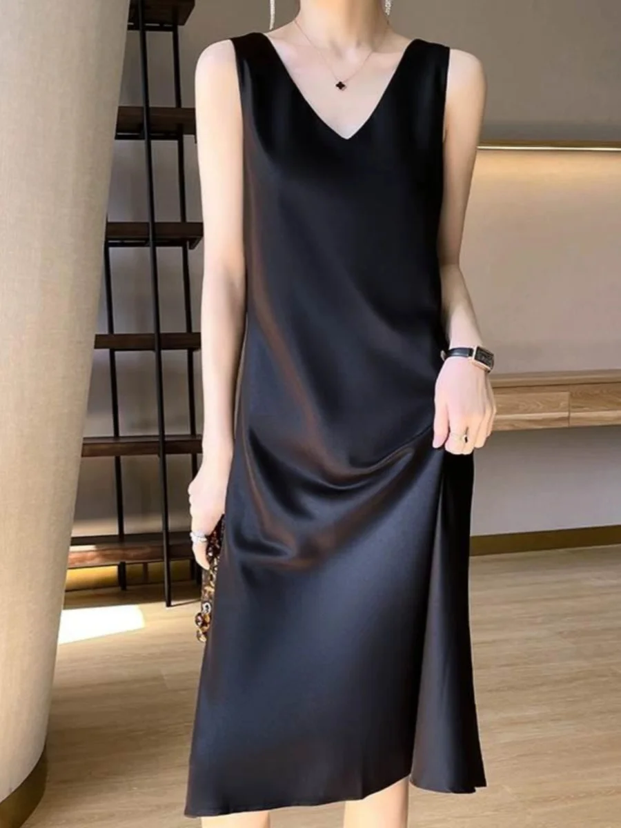 Sukienka midi z satyny Ele Satin, damska, elegancka, z dekoltem w serek, spódnica w kształcie litery A, jednoczęściowa, letnia, modna, do pracy, prosta, długa.