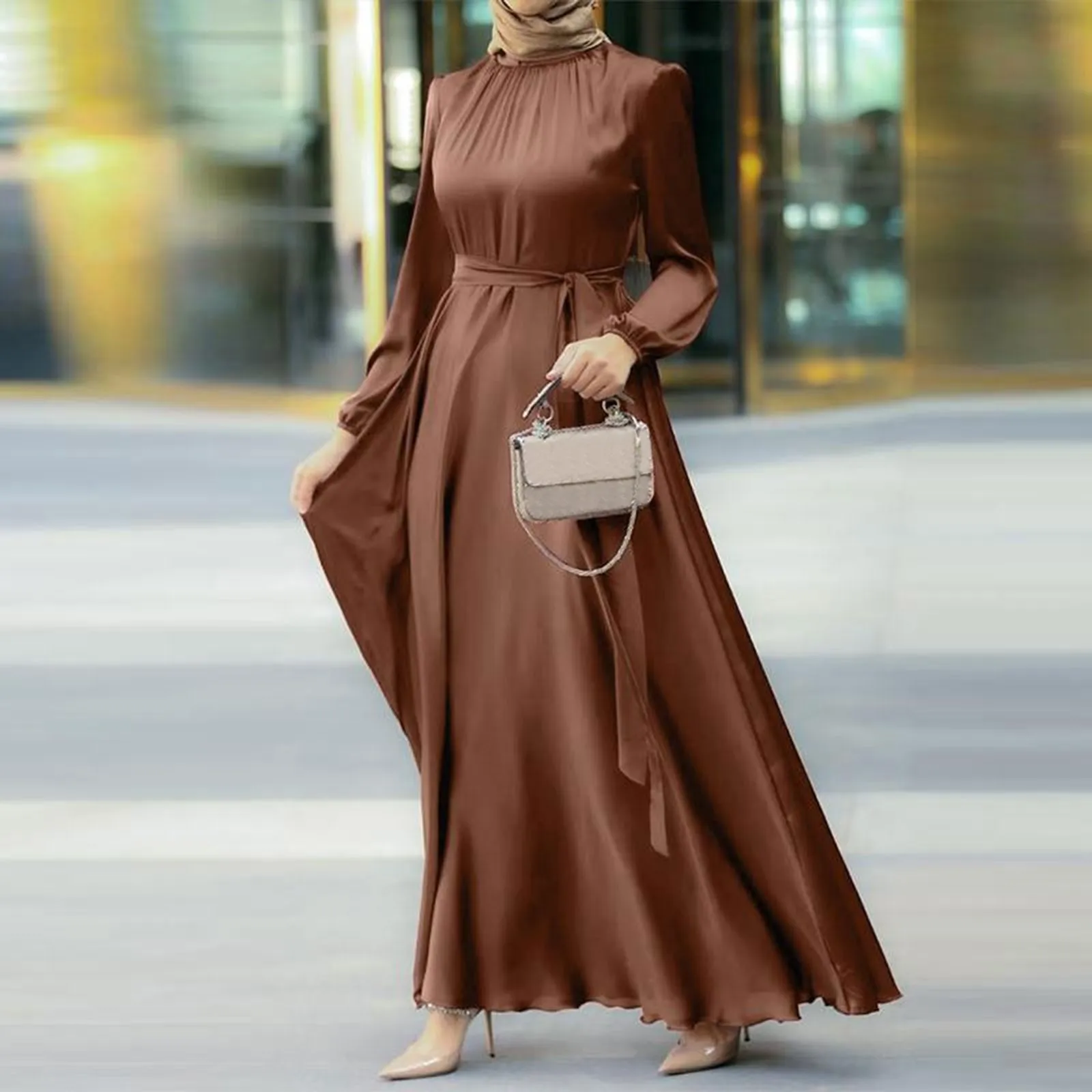 Ramadan Abaya 2024 Muslim Dubai Abaya Women\'s Solid Colour Casual Round Neck Lantern Long Sleeve Tied Waist Slim Loose Dresses