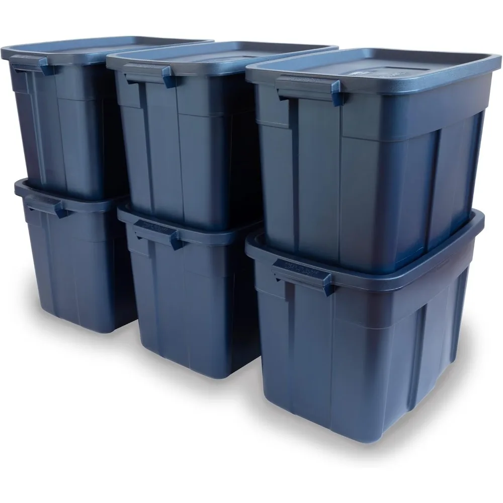 Roughneck Tote 18 Gal, 6 Pack, Made in USA, Dark Indigo Metallic, Rugged Plastic Stackable Storage Bins with Lids and Handles