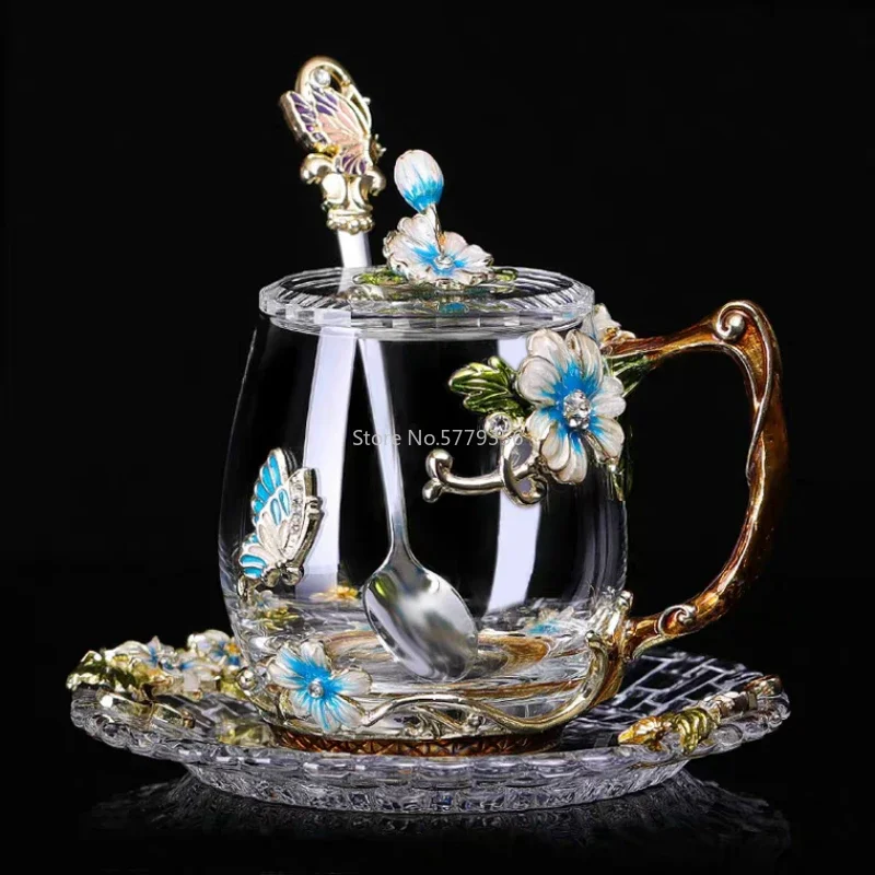 Beauty Enamel Crystal Glass Cup Flower Tea Mug High-grade Water and with Handgrip Perfect Gift for Lover Wedding