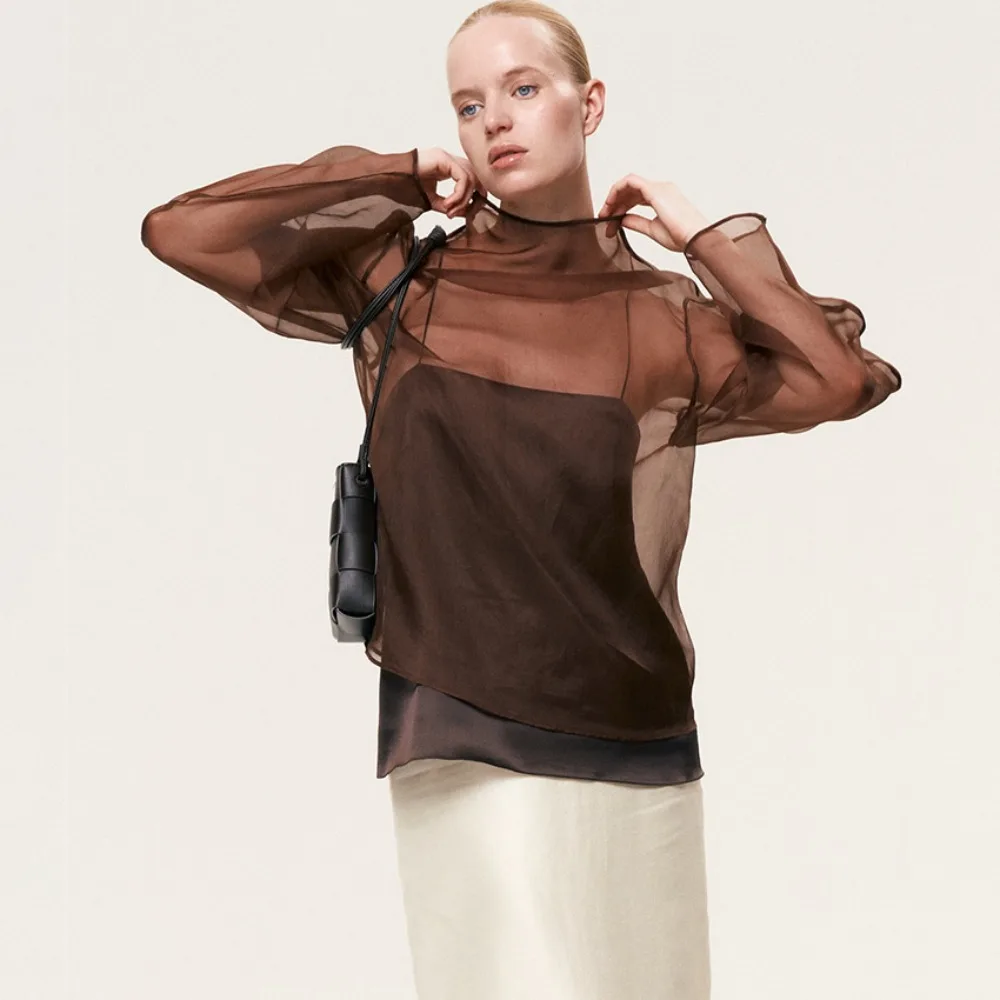 

Original Light Luxury Mesh Perspective Casual Shirt Spring and Summer Women Trendy Loose Soft Daily Office Travel Sunscreen Top