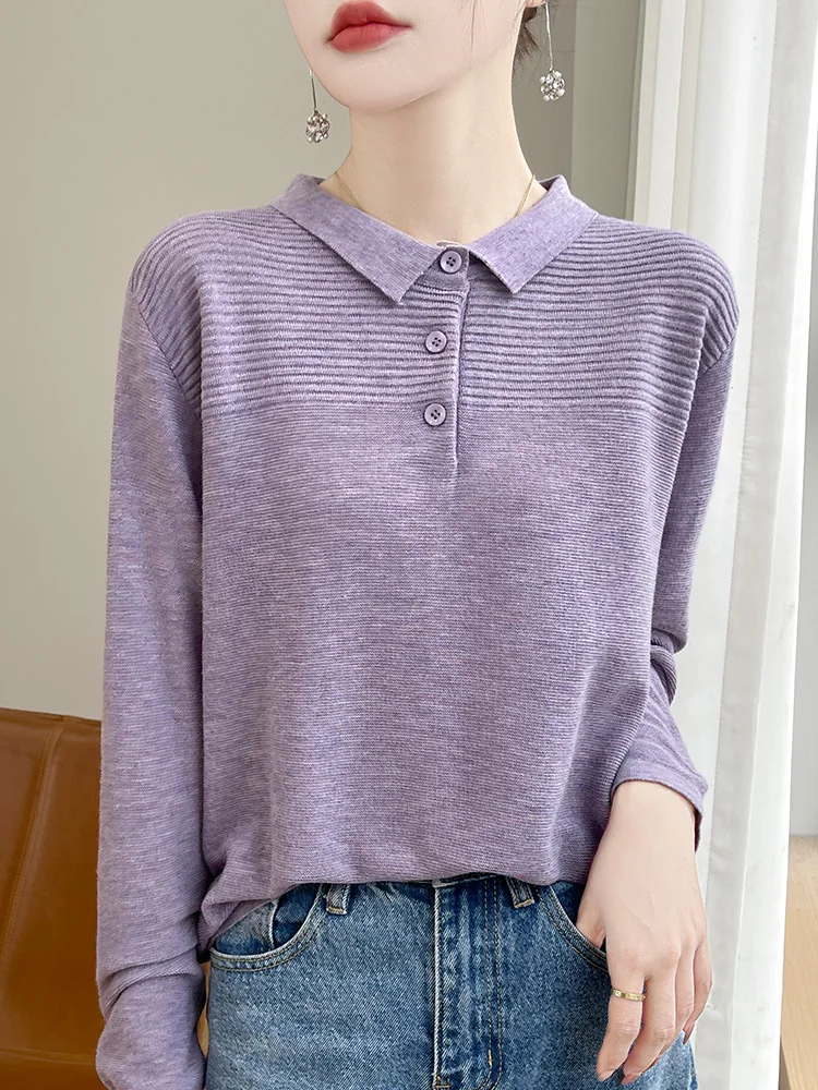 Women Merino Wool Shirt Sweater Doll Collar Stripe Pullover Autumn Winter Warm Clothing Casual Knit Bottoming Tops Long Sleeve