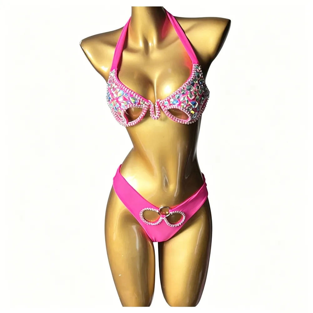 Women Rose Gold Rhinestones Bikini Swimsuit 2 Piece Set Holiday Beach Vacation Crystal Swimwear Nihtclub Club Party Costume view 5
