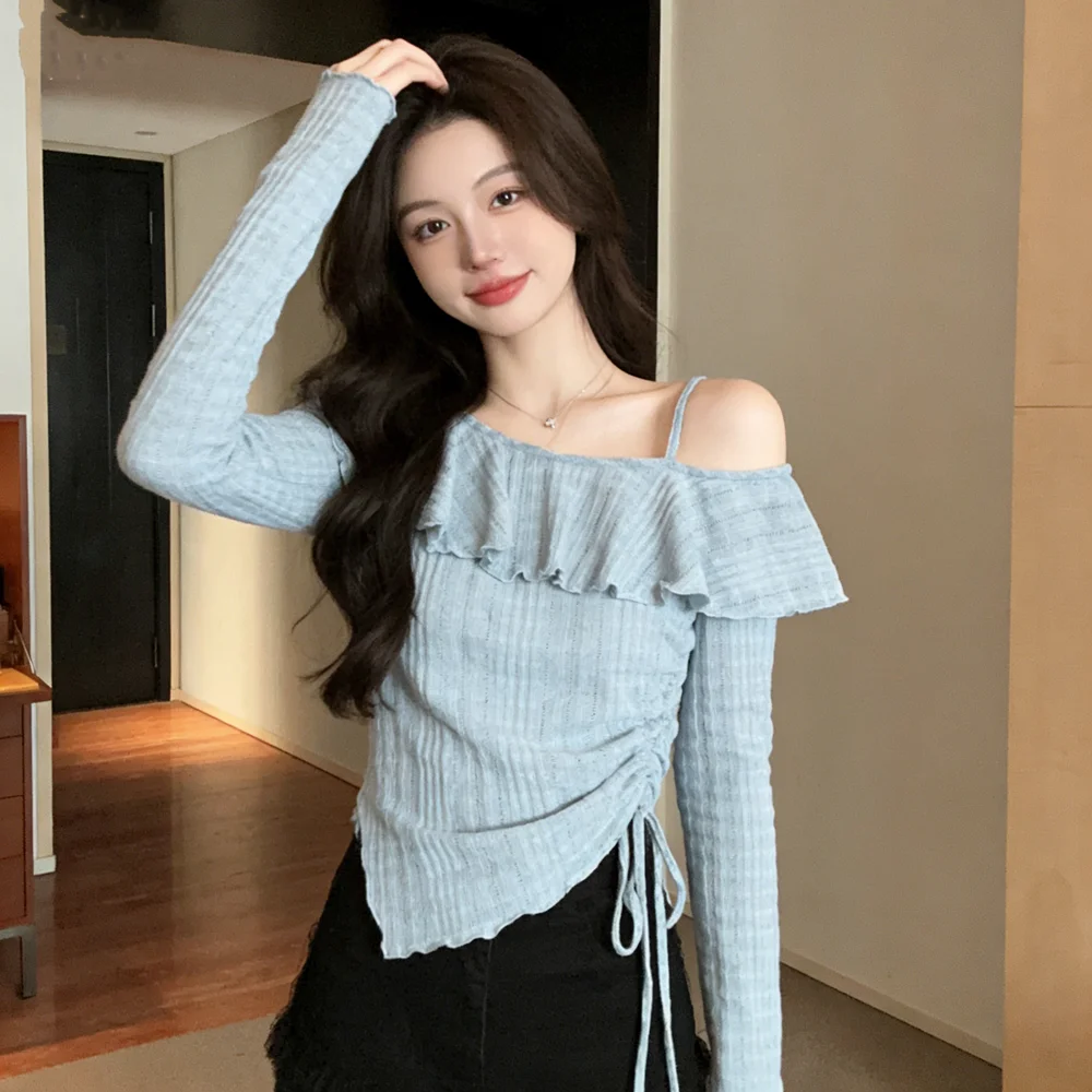 Sun Protection Single Shoulder Long Sleeve Tee Shirt Women Summer Hollow Pierced Fiting Tshirt Drawstring Tied Shirt Tops