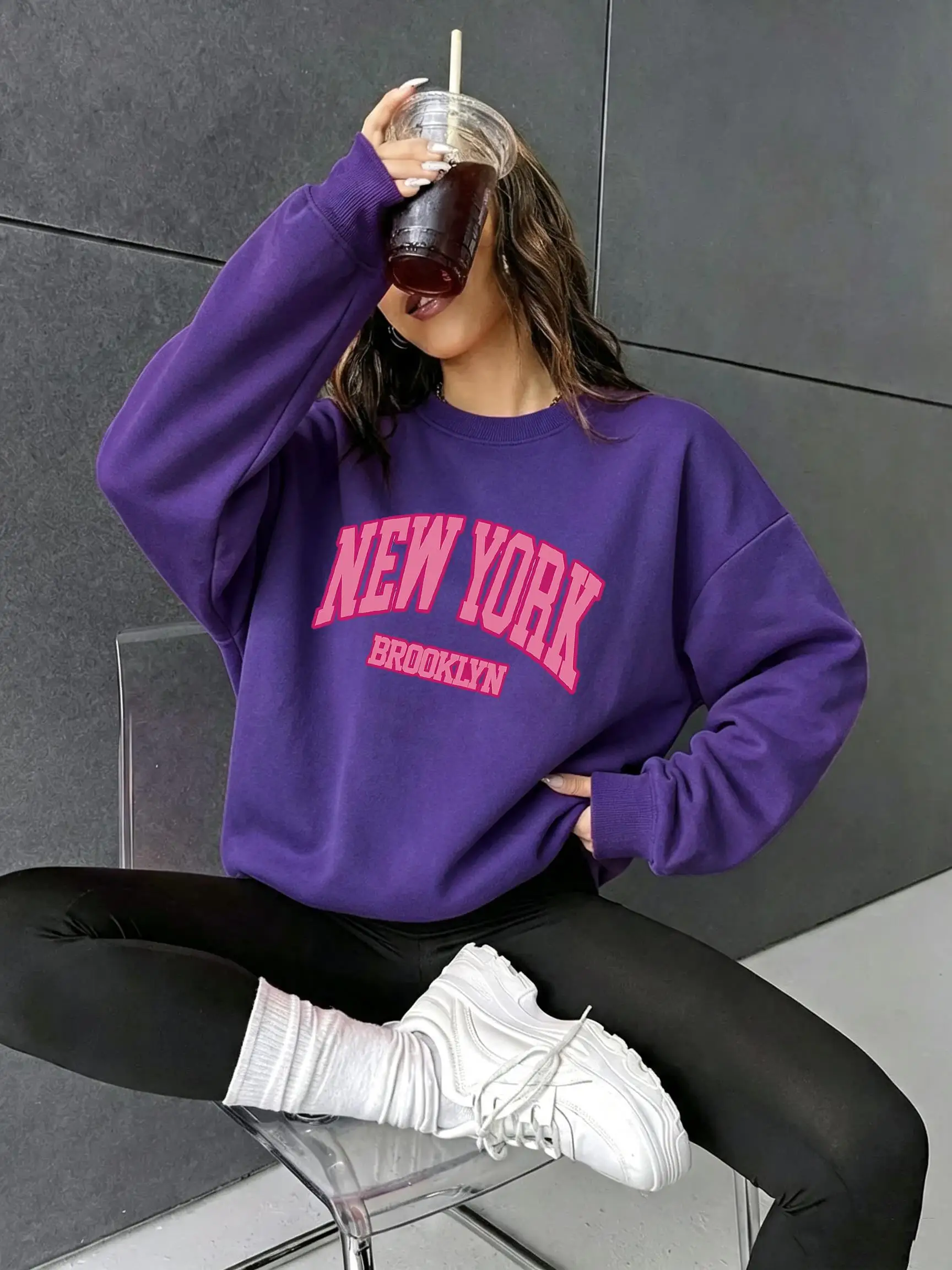 New York Brooklyn Printed Women Street O-Neck Sweatshirt Warm All-Match Tops Fleece Loose Clothes Casual Sports Unisex Pullover