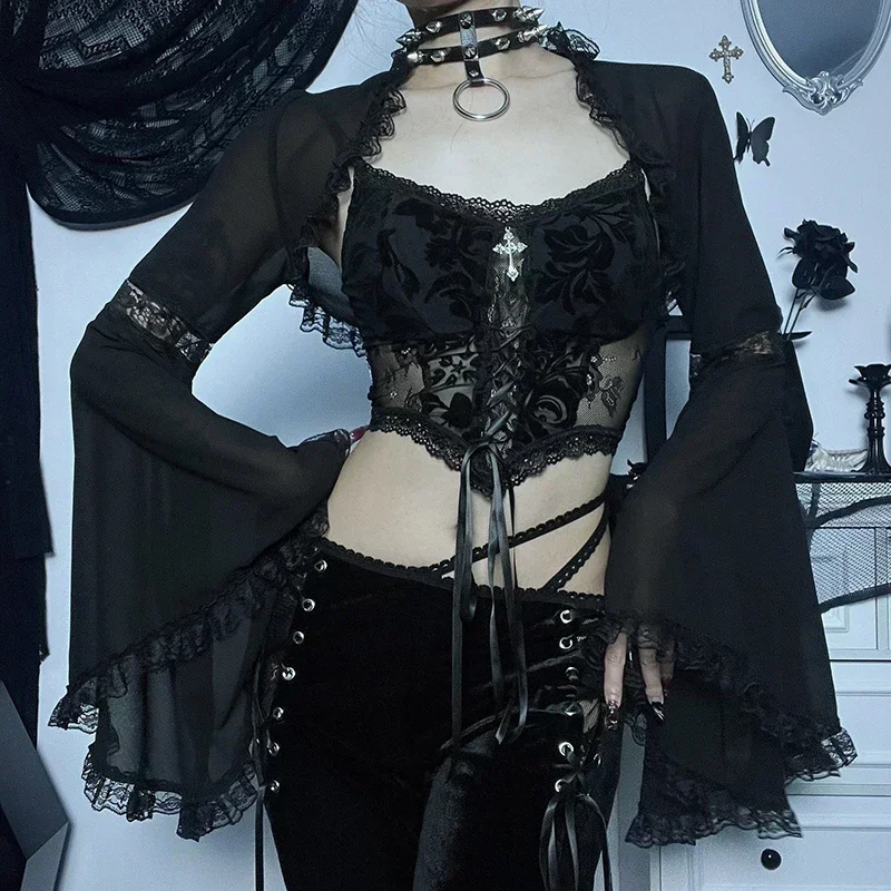 Woman Gothic Harajuku Street Mesh Print Sling Black Dresses Velvet Lace Corset Bandage Midi Dress Club Party Summer 2023