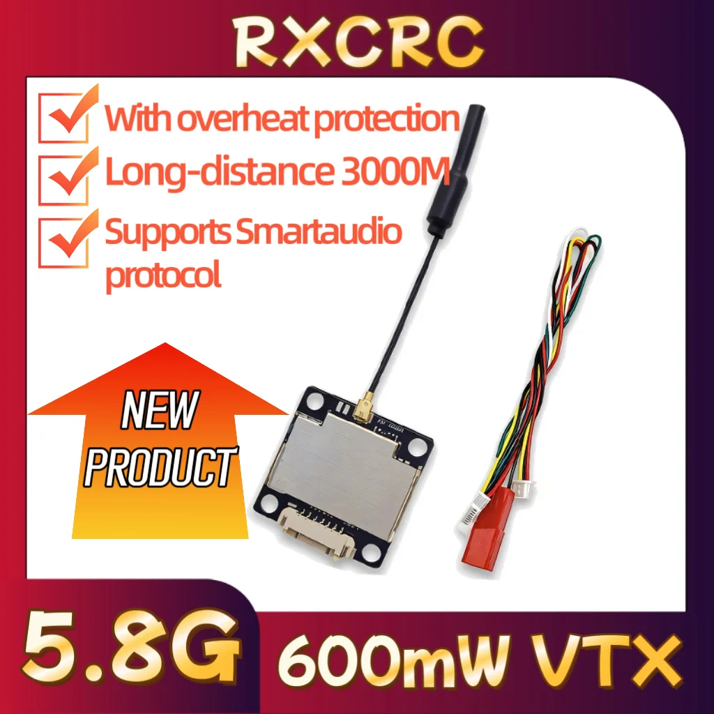 RXCRC 5.8G Module 48CH 600mW VTX Analog Video Transmitter Supports Smartaudio Protocol for RC FPV Long Range Fixed-wing Drones.