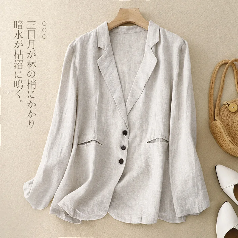 Womens Lapel Linen Blazer Three Buttons Long Sleeve Solid Color Slim Casual Suit Jacket