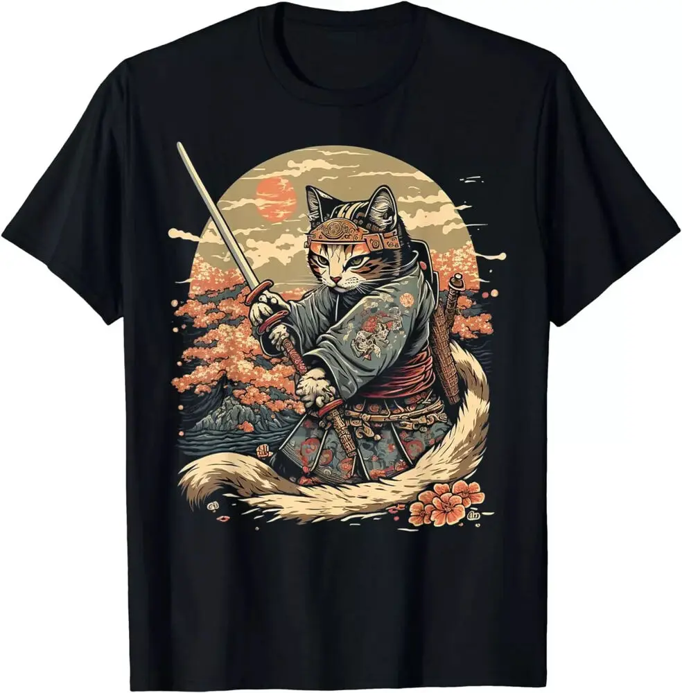 Japanese Art Cat  Anime Samurai Cat T-Shirt, S-5XL, Made in US