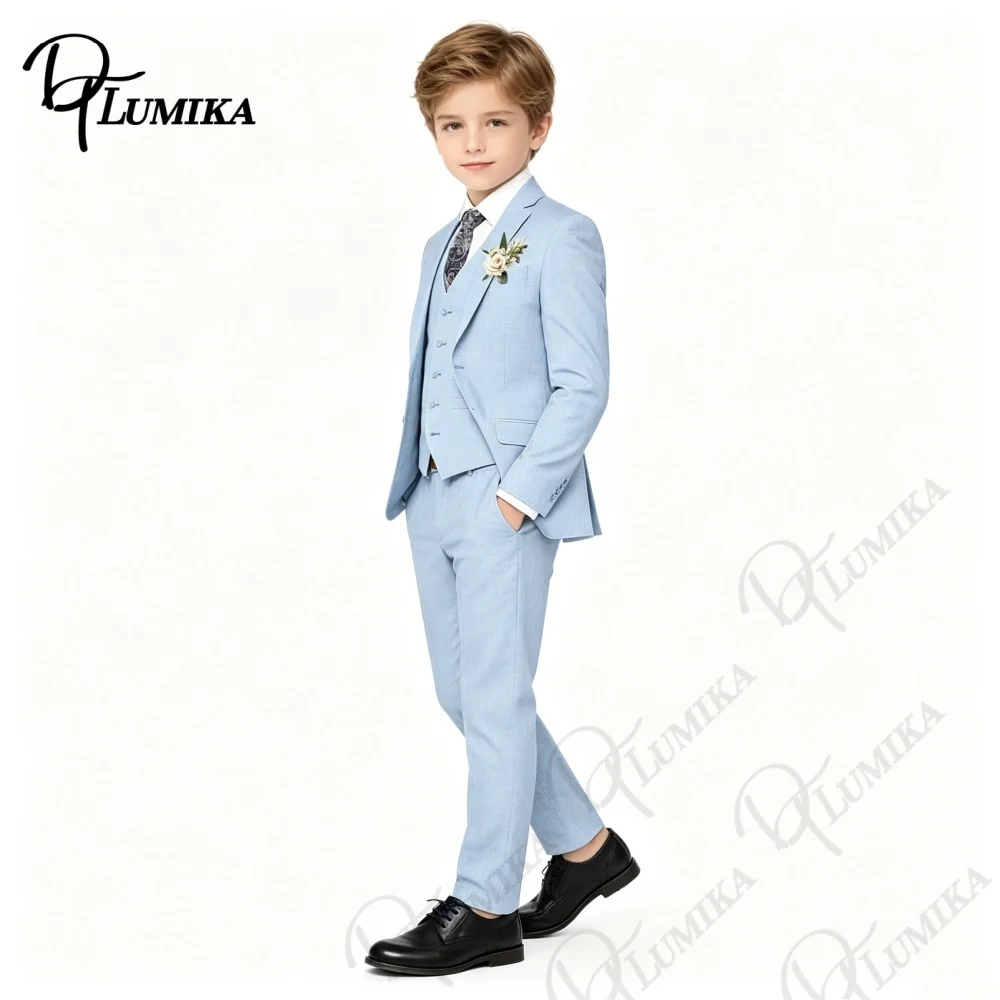 Traje Formal Azul Cielo para Niños, Conjunto de 4 Piezas con Corbata Floral, Blazer de Lino, Chaleco y Pantalones para Graduación, Boda, Cumpleaños, Sesión de Fotos, de 3 a 13 Años