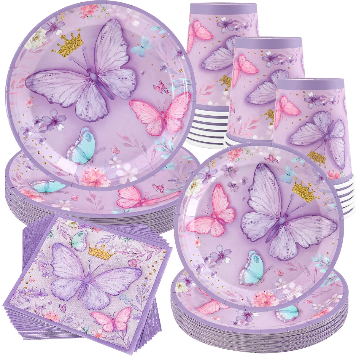 Fioletowy motyl jednorazowe zastawy stołowe serwetka motyl dekoracje na przyjęcie urodzinowe dziewczynka Baby Shower chrzest płeć ujawnia materiały