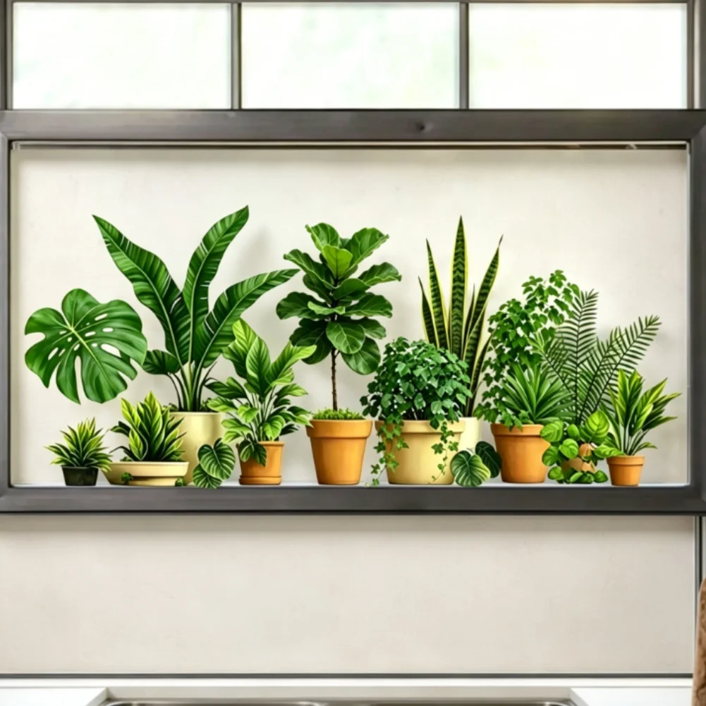 PVC Tropical Green Plant Static Cling Sticker for Glass 25x58cm For Kitchen Balcony Removable Botanical Accent