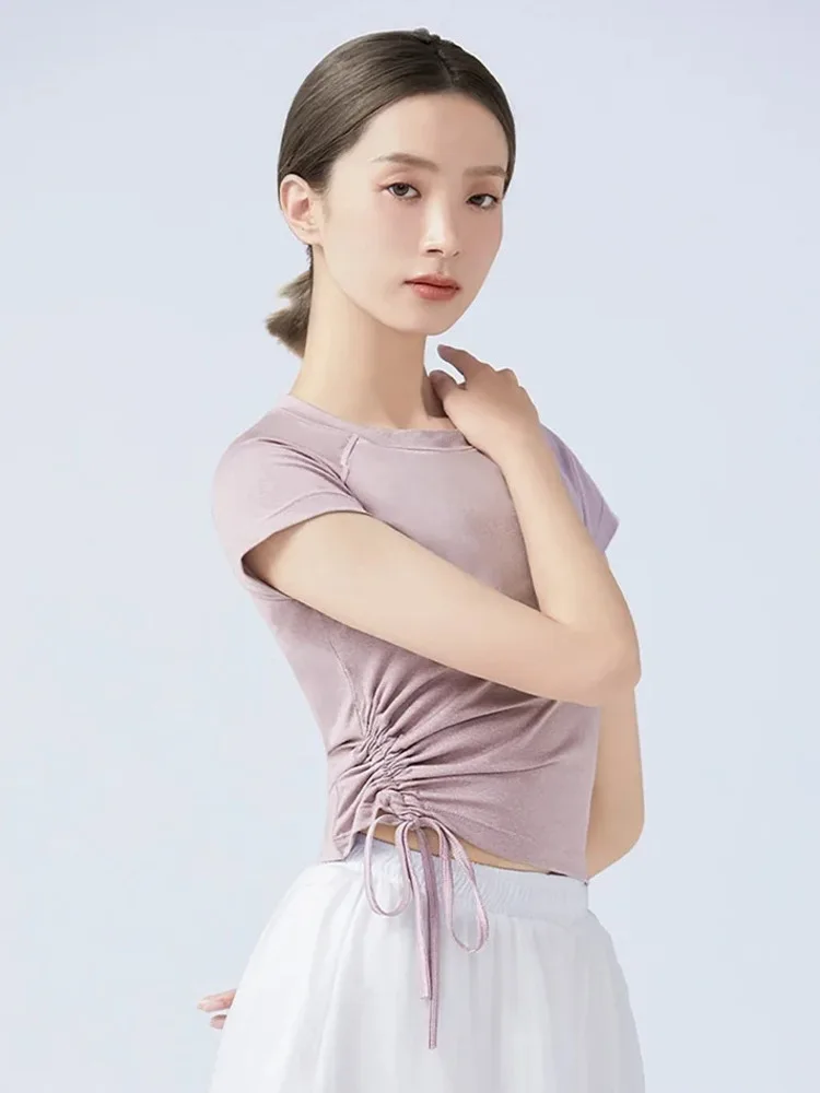 Solid Color Drawstring Slim Fit Ballet Top – Short Sleeve Round Neck Dance Shirt for Women Performance Practice