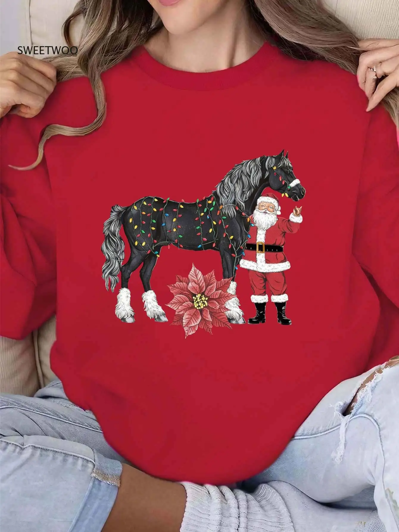 

Women's Christmas Horse & Santa Claus Graphic Print Sweatshirt - Casual Crew Neck,geometric Pattern, Fall/winter Fashion Top