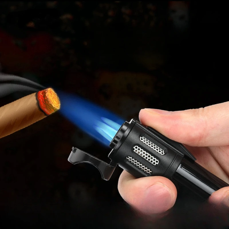 Creative Strong Firepower Butane Gas Lighter Turbo 3 Torch Blue Flame High Pressure Jet Straight Cycle Cigar Lighter Men\'s Gift