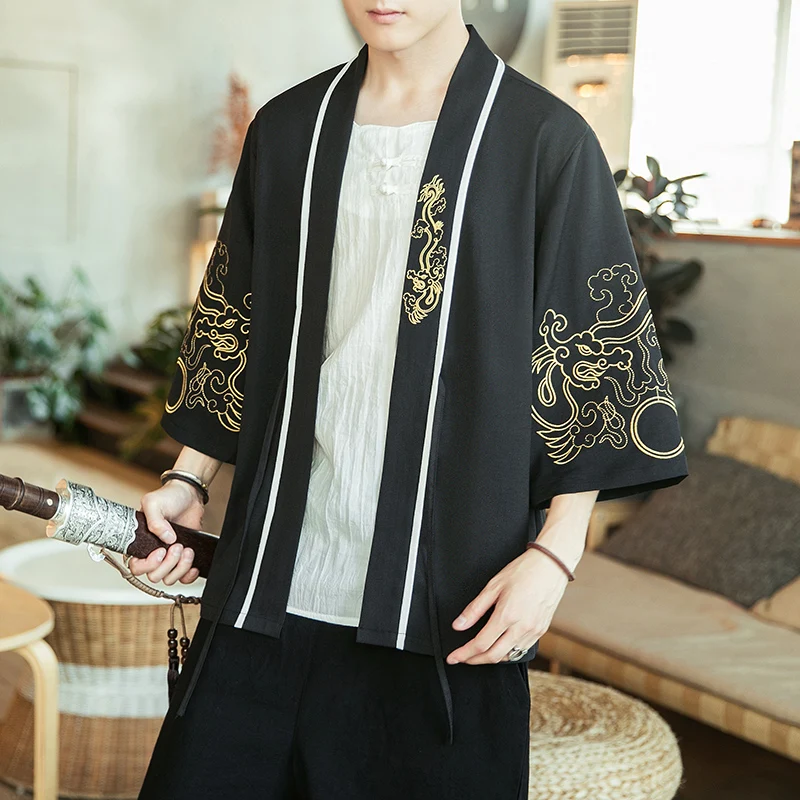 Modern Summer Men's Hanfu Dao Pao Ancient Style Fairy Outerwear Wei Jin Style Buddhist Clothes Loose Fit Silk Shirt Fashionab...