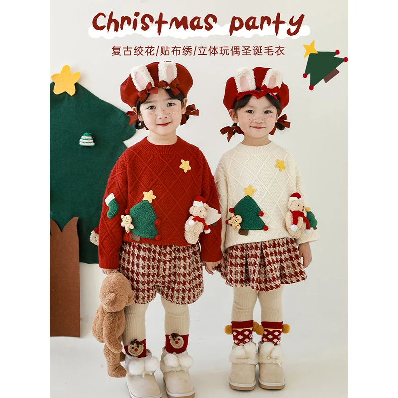 Winter New Children Red Vintage Embroidered Doll Christmas Sweater Girls Top