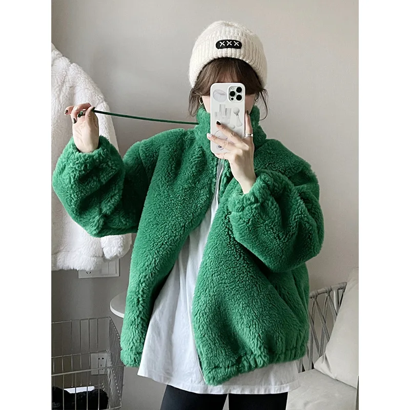 

C 2022 New Autumn Winter Stand Collar Imitation Lamb Warm Coat For Ladies Fashion Loose Thick Zipper Short Jacket