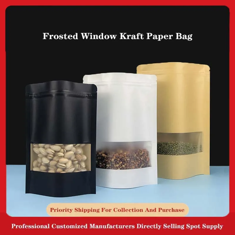 JinSen 50 pcs White Kraft Paper Bag Frosted Open Window Self-sealing Bag Bulk Tea Leisure Food Packaging Bag Grain Storage Bag