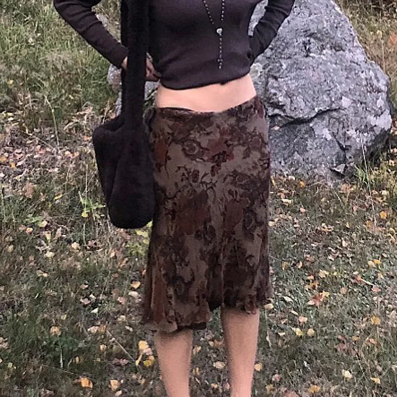 Fairy Grunge Aesthetics Brown Mesh Midi Skirts Y2K Streetwear Low Waist Printing A-Line Skirt Elfcore Outfits Retro Fall