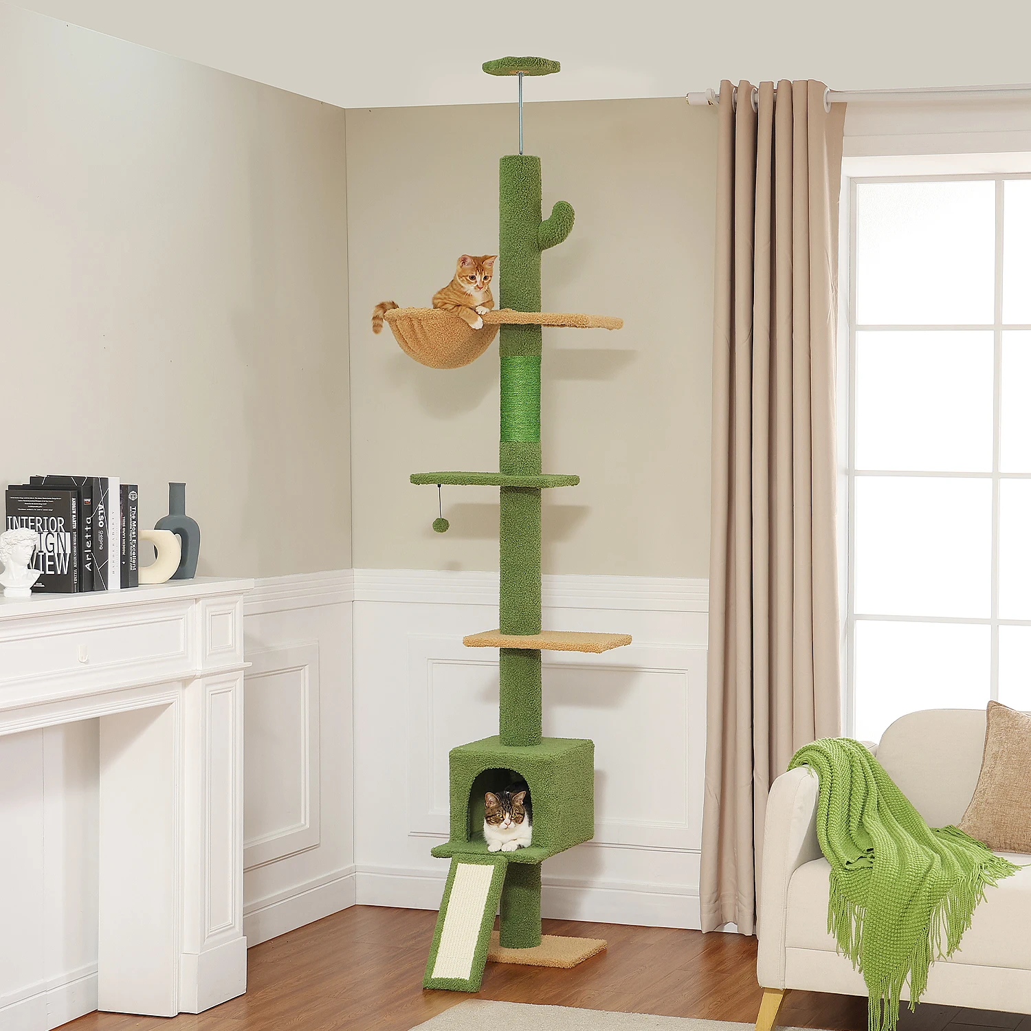 Arbre à chat Cactus du sol au plafond, tour à chat avec tire à gratter en Sisal, hamac confortable pour maisons multi-chat, accessoires pour chats