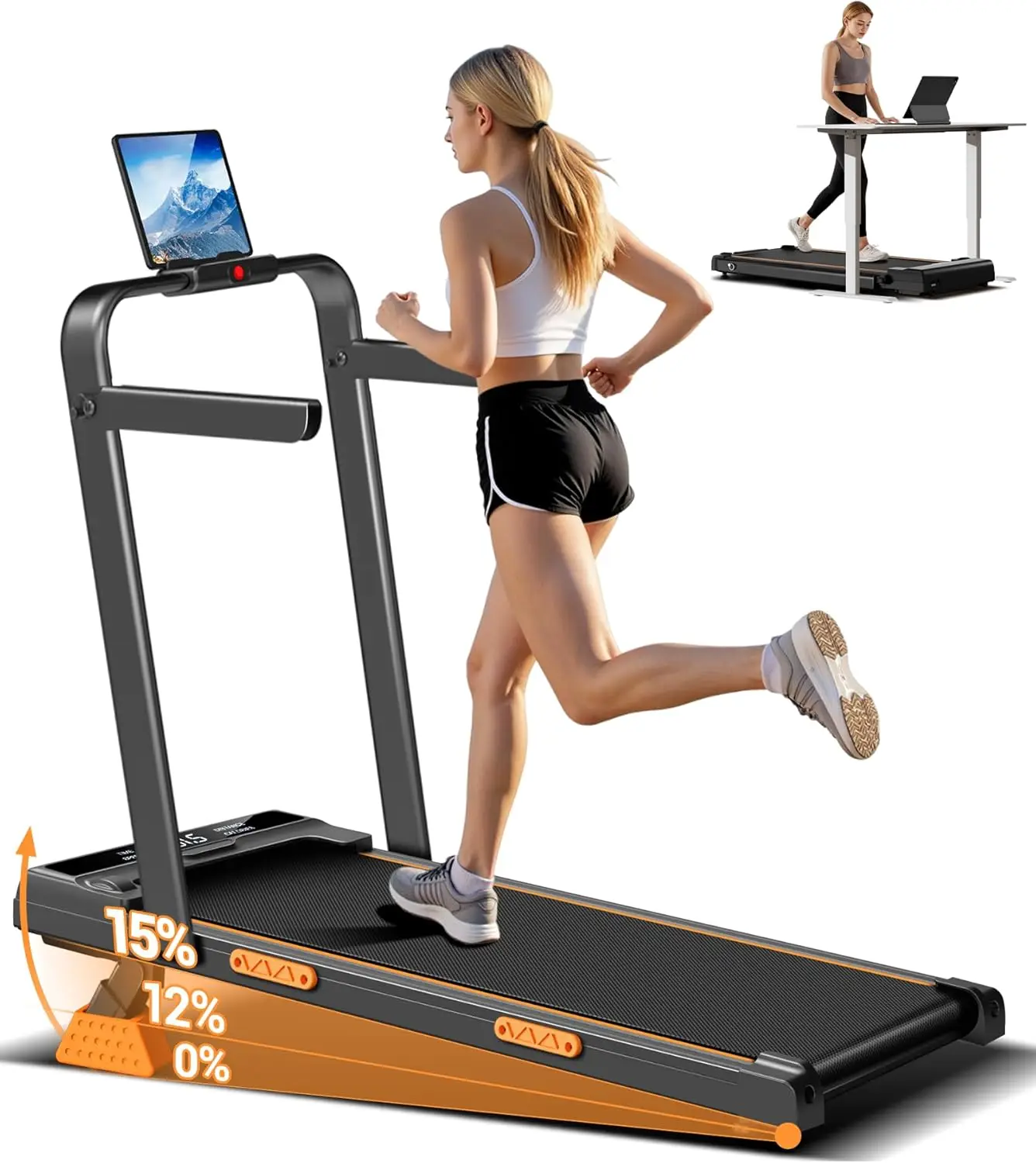 3 in 1 Walking Pad Treadmill for Small Home, 16% Incline, Folding, Handle Bar, 330 Lbs Capacity